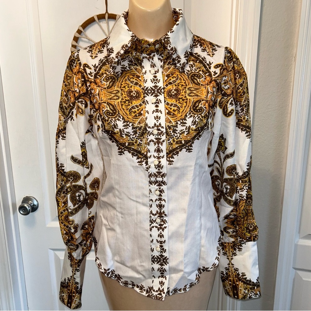 Fashion Nova Cream & Gold Button Up Puffed Sleeve Blouse Top